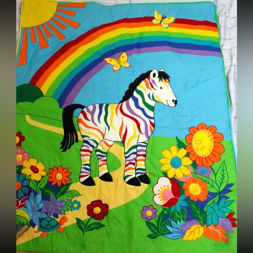 Vintage 70/80s Rainbows Zebra Quilted Fabric Wall Hanging or baby Quilt